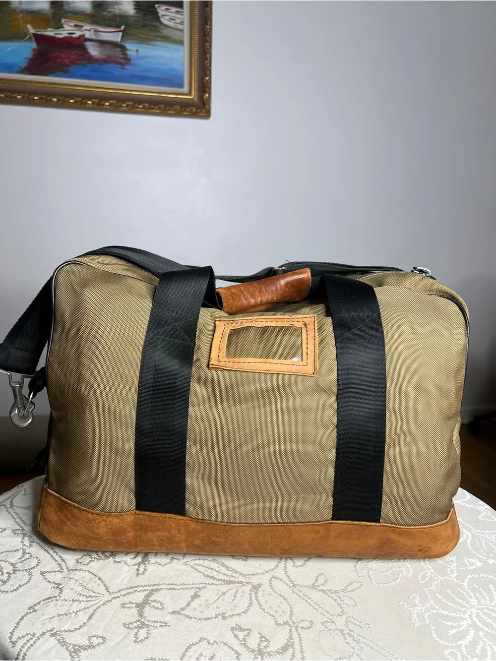 Vintage Athalon Khaki Canvas & Leather Trim Duffel Bag with Black Strap